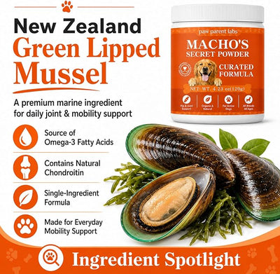 Machos Secret Powder, Paw Parent Labs Green lipped Mussel, Support Dog Cartilage & Bone Health, Joint Mobility & Flexibility, 4.23 oz