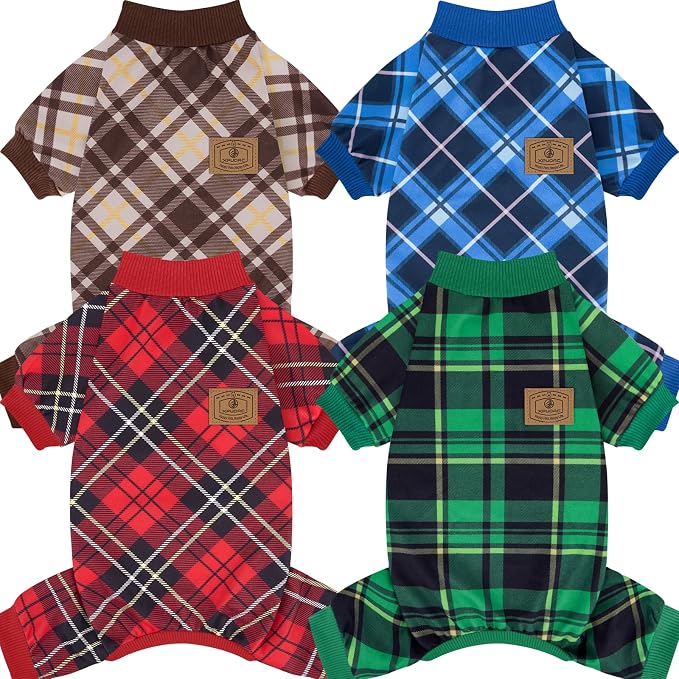 XPUDAC 4 Pack Dog Pajamas Plaid Dog Clothes for Small Medium Dogs Girl Boy Comfy Puppy Onesie Pet Christmas Outfit Cat Pjs Jammies, 2XL