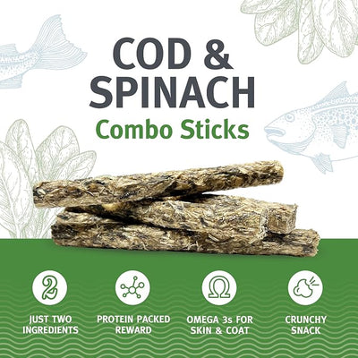 Icelandic+ Combo Sticks: Cod & Spinach - 16ct, 5.1oz Bag - Dog Treats, 2 Ingredient Pet Snacks, Wild Caught Fish, Slow Baked, Crunchy Natural Chews