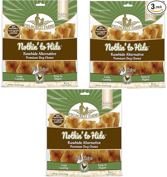 Fieldcrest Farms Nothin to Hide Flip Chips Dog Chews - All Natural Rawhide Alternative Treats for Dogs, Chicken, Beef or Peanut Butter Flavor Snack for All Breed Dogs - 3 Pack (Chicken)