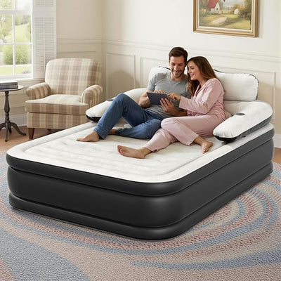 DWVO FullXL Size Air Mattress with Headboard & Cup Holders, Blow Up Bed with Built-in Pump & Carry Bag, Fast Inflation Air Bed for Home, Guests & Camping, 80" x 53" x 18", Gray