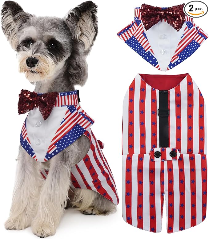 Kuoser Independence Day Dog Tuxedo Dog Suit and Bandana Set, 4Th of July Dog Costume American Flag Dog Outfit with Bow Tie for Large Medium Small Dogs Golden Retriever Samo Bulldogs, M