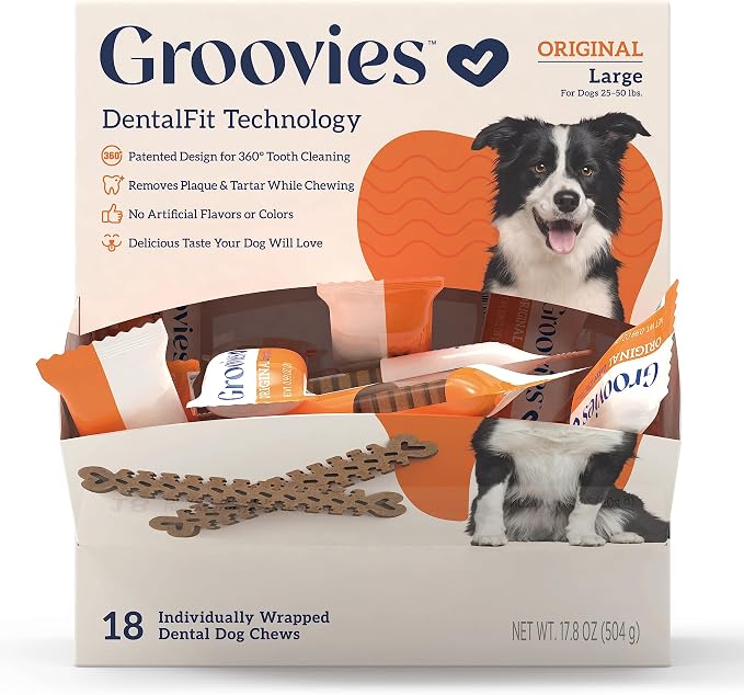Groovies Dog Dental Treats, Flexible Yet Effective, Patented DentalFit Technology to Help Control Tartar & Freshen Breath, Large Dog Chews (25-50 lbs), USA Manufactured Oral Care, 18 Count