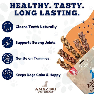 Amazing Dog Treats 6" Braided Bully Stick (10 Pcs/Pack) - Bully Stick for Dogs - Made from Premium Grass Fed Argentinian Beef