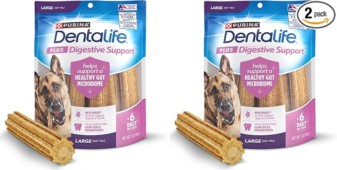 Dentalife Plus Digestive Support Dog Treats for Large Dogs 40 lbs. and up, Cleans Teeth, Freshens Breath, & Supports Healthy Gut, Chicken & Pumpkin Flavor, 7 oz., 6 Chews - 6 ct. Pouch (Pack of 2)