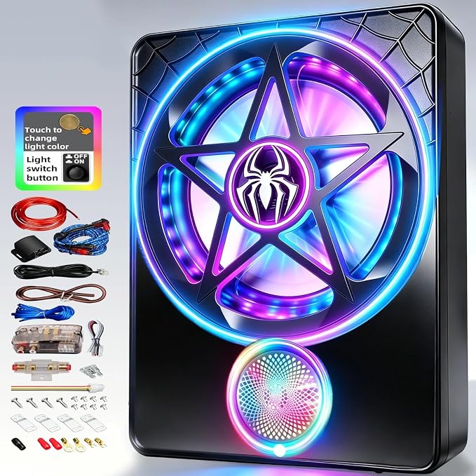 3000W Under Seat Subwoofer with Amp 10" Slim Powered Car Audio | 3-Way Full Range Sound with RGB Beat Sync LED, Bass Boost, Low Pass Filter, Plug & Play Design for Trucks SUVs and Cars