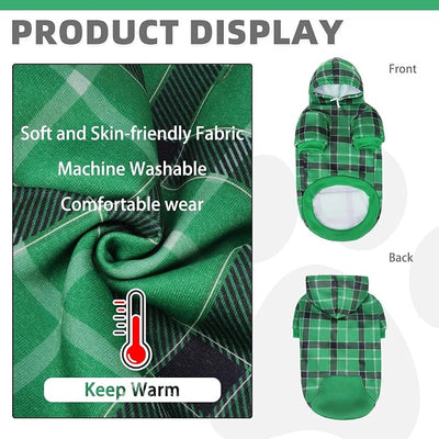KOOLTAIL Plaid Dog Hoodie for Small Medium Large Dogs - Pet Clothes Sweater with Hat and Pocket for Cold Weather Winter, Warm Soft Dog Hooded Sweatshirt Coat Outfit for Puppy Cats Girls Boys Green M
