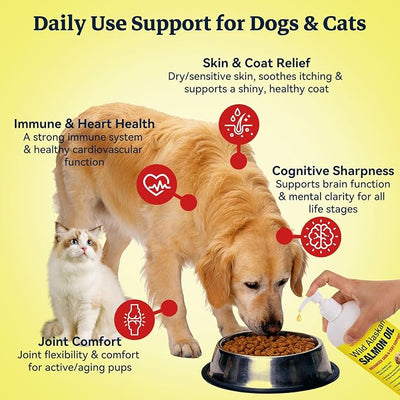 Wild Alaskan Salmon Oil for Dogs & Cats - 32oz Omega 3 Fish Oil with EPA DHA Fatty Acids, Skin & Coat Support, Itchy Relief, Immune & Joint Support, Liquid Food Topper for Heart & Brain Health