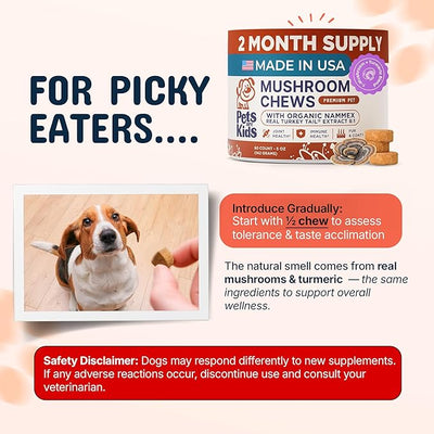 Pets are Kids Turkey Tail Mushroom for Dogs with Organic Real Turkey Tail™ - 8:1 Extract Mushroom Chews for Immune System Health, Gut, Skin & Joint Support - Reishi, Lion's Mane - 60 Chews