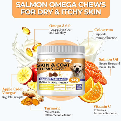 Skin and Coat Supplement for Dogs, Omega 3 Fish & Salmon Oil with EPA & DHA, Colostrum Support Skin & Coat Healthy, Itchy Dog Allergy May Reduce Shedding, Chicken Flavor, 12 Ct