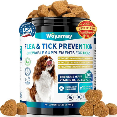 Woyamay Flea and Tick Prevention for Dogs Chewables, 200 Soft Treats, Natural Dog Flea and Tick Treatment, Oral Flea Chews for Dogs Supplement, Flea and Tick Chews for Dogs Puppies, All Breeds & Sizes