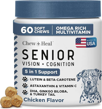 Chew + Heal Labs Senior Dog Vision and Cognition Chews - 60 Soft Chews for Dog Eye Care and Memory - 7-in-1 Multivitamin with Omega Fatty Acids, Vitamins, and Botanicals - Made in the USA