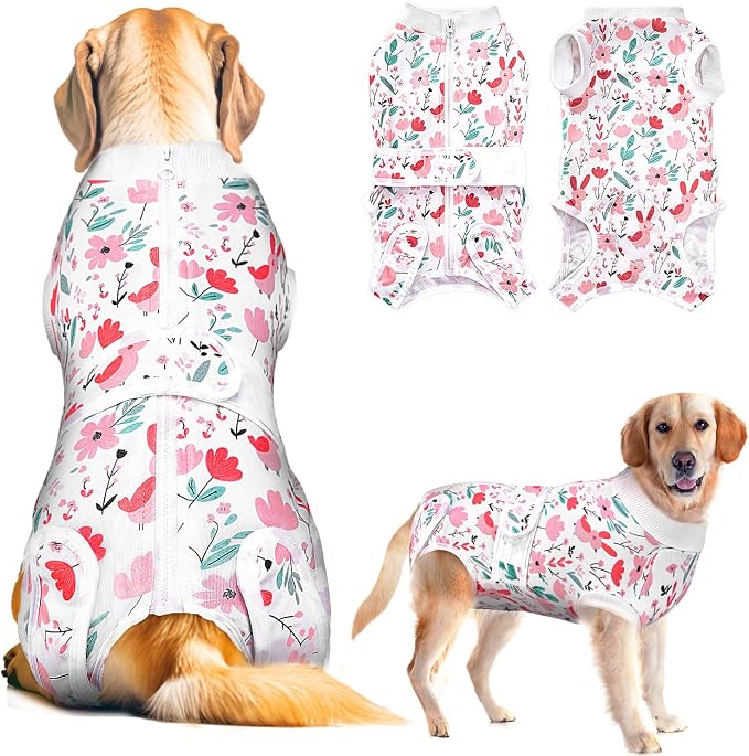Lukovee Recovery Suit for Dogs, Zipper On Dog Surgery Suit for Female Male Dog, Onesies Bodysuit Prevent Licking Spay Abdominal Wounds Bandages E-Collar Alternative (Pink, 4XL)
