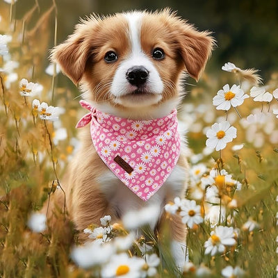 Spring Dog Bandanas Girl Pink Daisy Cotton Washable Comfortable Triangle Dog Scarf Adjustable Pet Bib Kerchief for Small Medium Large Dogs L