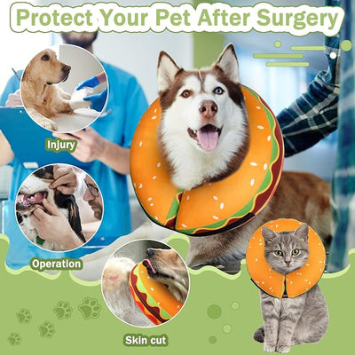 Inflatable Dog Cone Collar for Large Medium Small Dogs, Soft Adjustable Recovery Cone Collar for Dogs Cats,Dog Neck Donut Cone Alternative After Surgery(Hamburger,Large