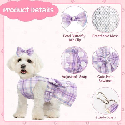 Coppthinktu Plaid Dog Dresses for Small Dogs Girl Bowknot Harness Leash Set, Cute Small Dog Dress Harness Cat Clothes Female with Pearl Bow Hair Clip, Summer Puppy Dress Yorkies Chihuahua Outfits