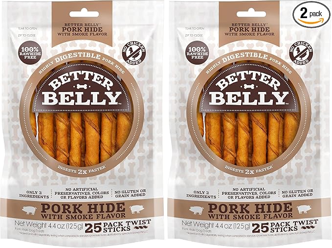 Better Belly Highly Digestible Rawhide Twist Sticks Chews, Treat Your Dog to a Chew with NO Artificial Colors or Flavors 25 Count (Pack of 2)