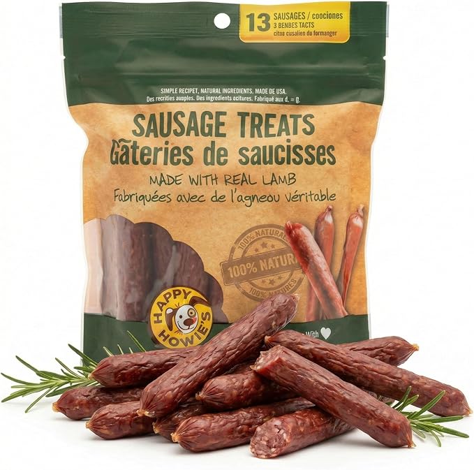 Happy Howie's Sausage Treats - Healthy Dog Treats, Flavorful Slow Cooked Lamb, Natural Ingredients, Chewy Dog Treats, Hormone Free - Lamb, (Pack of 1)