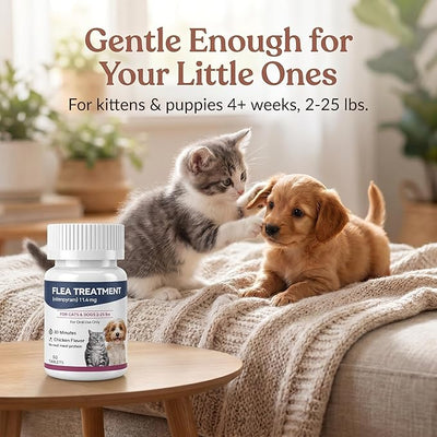 Oral Flea Treatment for Cats and Dogs, Nitenpyram 11.4mg Oral Flea Control Pills, Fast Acting Tablets for Kitten and Puppy 2-25 lbs, Starts in 30 Minutes, Chicken Flavor (50 Tablets)