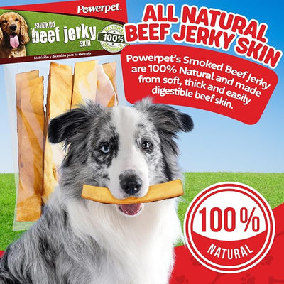 Powerpet Treats Natural Smoked Beef Jerky Skin for Dogs - High Protein, Grain-Free, Long-Lasting Chews, Ideal for All Breeds, Promotes Dental Health - Easy Digestion - 8oz Bag (Package May Vary)