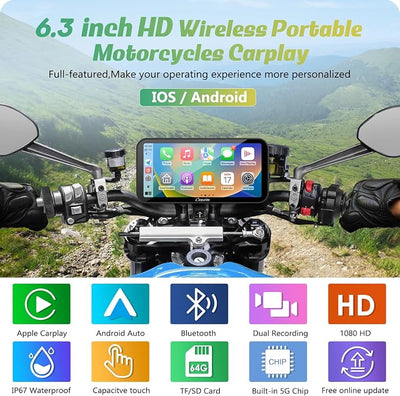 Carpuride W603D Motorcycle GPS Carplay Screen, Wireless CarPlay & Android Auto for Moto, with HD 1080P Dual Cameras, Remote Control，6.3" Waterproof Touchscreen, BT Aduio, Loop
