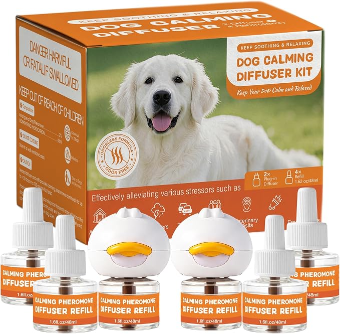 Dog Calming Pheromone Diffuser Kit, 6-in-1, 2 Plug-In Diffusers & 4 Refills | Helps Reduce Barking, Separation Anxiety, Destructive Chewing And Indoor Marking With Up To 120 Days Of Continuous Calming