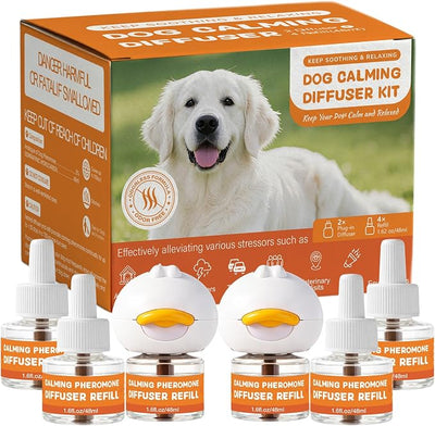 Dog Calming Pheromone Diffuser Kit, 6-in-1, 2 Plug-In Diffusers & 4 Refills | Helps Reduce Barking, Separation Anxiety, Destructive Chewing And Indoor Marking With Up To 120 Days Of Continuous Calming