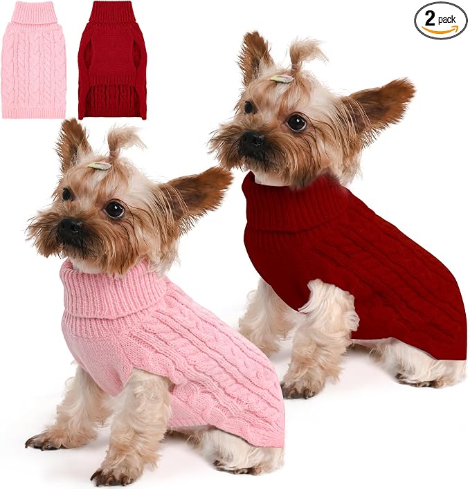 Dog Sweater 2 Pack for Small Dogs, Size S, Pink & Red | Stretchy cable knit turtleneck, machine washable, high belly cut, comfy winter fit for Chihuahua, Maltese