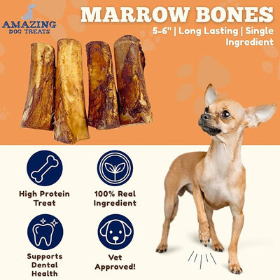 Amazing Dog Treats - 5-6 Inch Meaty Beef Marrow Bones (4 Count) - Best for Dogs - Long Lasting Chew - Filled Marrow
