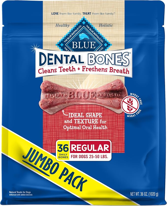 Blue Buffalo Dental Bones Regular Natural Dental Chew Dog Treats Bag Jumbo Pack, 36oz. Bag