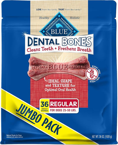 Blue Buffalo Dental Bones Regular Natural Dental Chew Dog Treats Bag Jumbo Pack, 36oz. Bag