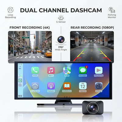 11.26" Carplay Screen for Car,4K Dash Cam,Portable Tablet for Apple Android Auto,Stereo Audio Radio,Rear Backup Camera,Voice Touch Control GPS Navigation,Bluetooth,Wireless Mirror for Truck