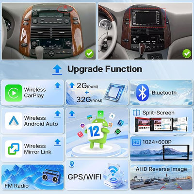 Leadfan Radio for Toyota Sienna 2004-2010 (FIT JBL. and Big Screen) Stereo Wireless Carplay Android Auto, 9” Touch Screen for Sienna Android Bluetooth/Voice Control/GPS/WiFi/Back-up Camera/SWC/FM