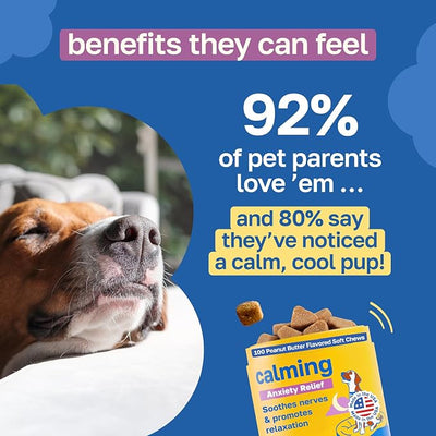 Happy Paws Calming Chews for Dogs, Relaxation & Anxiety Support for All Breeds & Ages, Dog Sleep Aid with L Theanine & Chamomile, Vegan Peanut Butter Flavor, Organic, Non GMO, Soft Chews (100 Count)