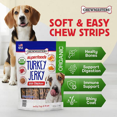 Chewmasters Organic Turkey Jerky with Chicken Dog Treat - High Protein, Grain Free and Gluten Free Healthy Dog Treats, Real Turkey Meat Snack, Jerky Dog Treats, Low Fat, Made in USA, 2 lb