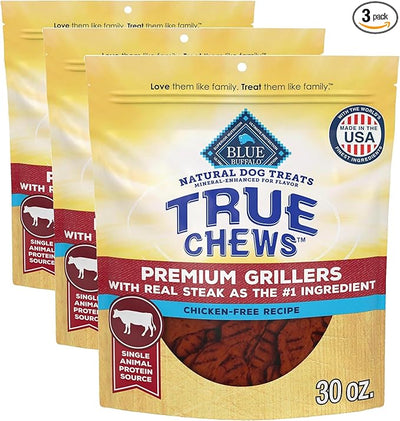 Blue Buffalo True Chews Premium Grillers Dog Treats, Made in the USA with Natural Ingredients, Steak, 30-oz. Bag (Pack of 3)