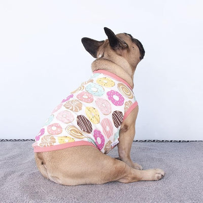 iChoue 100% Breathable Cotton French Bulldog Halloween Cartoon T Shirts Cute Clothes for Medium Dogs Vest Tank Tops Frenchie Pug Small Puppy English Boston Terrier Donuts - Large