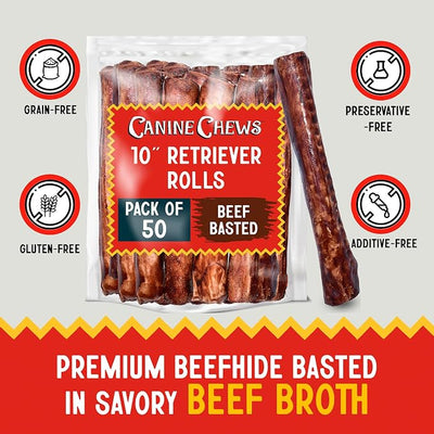 Canine Chews 10" Beef Basted Rawhide Bones for Large Dogs (50 Pack) - Hand-Rolled Dog Rawhide Chews Basted in Beef Broth - Beef Dog Rawhide Bones Promotes Dental Health - Hand-Rolled in Beef Broth