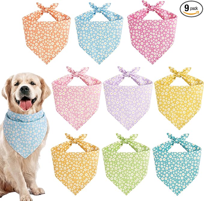 Weewooday 9 Pcs Summer Daisy Dog Bandanas Floral Birthday Handkerchief Scarf Adjustable Large Pet Washable Scarves for Large Dog Girls Boys