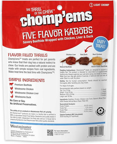 CHOMP 'EMS Five Flavor Kabobs Dog Treats - Beefhide Chewstick - High Protein Dog Chews, 24 Count, 16 oz,454g