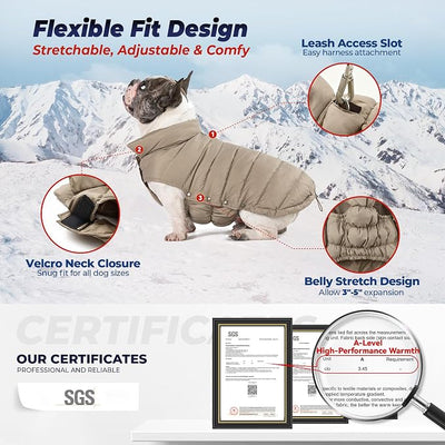 SPACE LION Dog Puffer Jacket, Down Winter Coat, Durable Outdoor Coat for Cold and Windy Conditions, Lightweight & Adjustable Fit Coats for Small & Medium Dogs, (Khaki, Size12/M)