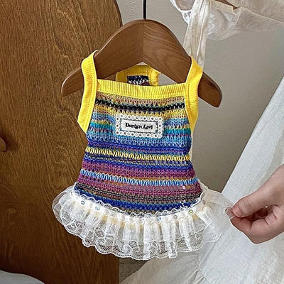 Dog Sling Tank Top with Tulle Skirt, Colorful Striped Pet T-Shirt(Yellow, Medium)
