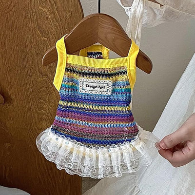 Dog Sling Tank Top with Tulle Skirt, Colorful Striped Pet T-Shirt (Yellow, X-Large)