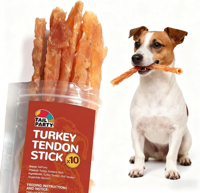 TailParty Turkey Tendons for Dogs (Strip, 4 oz), All Natural Dental Chews, Rawhide Alternative, Long-Lasting Training-Reward Treats for Health-Conscious Pet Owners(10/Pack)