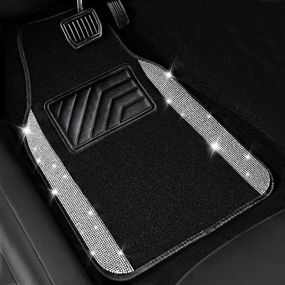 CAR PASS Bling Diamond Car Mats Shining Carpet Crystal Rhinestones Sparkly Glitter Floor Mats with Anti-Slip PVC Heel Pad Universal for Automotive SUV, Sedan, Van, 3pcs for Girl Women, Black Silver