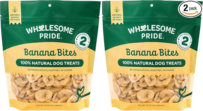 Wholesome Pride Banana Bites Dog Treats – 2-Ingredient Banana-Chips for Dogs, Grain-Free, Banana & Coconut Oil, 16 oz (Pack of 2)