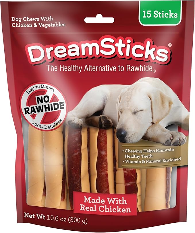 DreamBone Chicken Wrapped Mini Stick Dog Treats, Daily Rawhide-Free Chew, Digests Safely and Completely, With Real Protein, Chicken and Veggies, 15 count