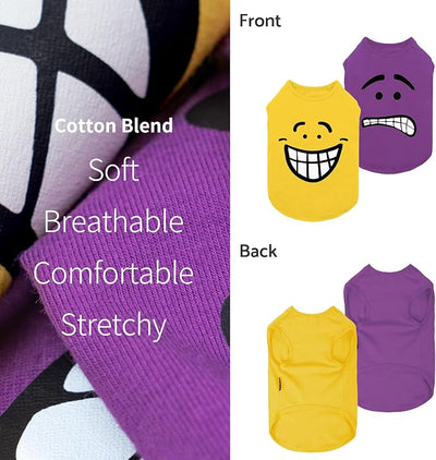 Fitwarm 2 Pack Happy Scary Expression Dog Shirt, Funny Clothes for Small Dogs Boy Girl, Pet Outfit, Yellow, Purple, XS