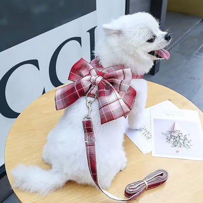 Plaid Dog Dress Bow Tie Harness Leash Set,Dog Clothes Harness Dress with Leash Ring for Small Dogs Girl, Puppy Princess Rabbit Clothes Chihuahua Yorkies Pet Outfits (Red, X-Large)