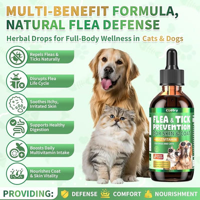 Oral Flea & Tick Prevention for Dogs and Cats, Natural Flea and Tick Defense Drops with Multivitamin for Pets - Supports Healthy Skin & Coat - Flea Herbal Drops All Breeds and Sizes - Bacon Flavor